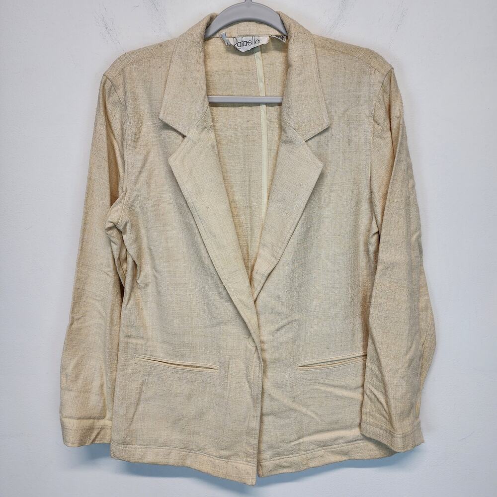 Rafaella Womens Slub Blazer Jacket Size 12 Cream 100% Silk Woven Coastal Vintage